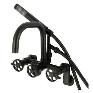 Webb AE8450RKX Three-Handle 2-Hole Adjustable Wall Mount Clawfoot Tub Faucet with Knurled Handle and Hand Shower, Matte Black