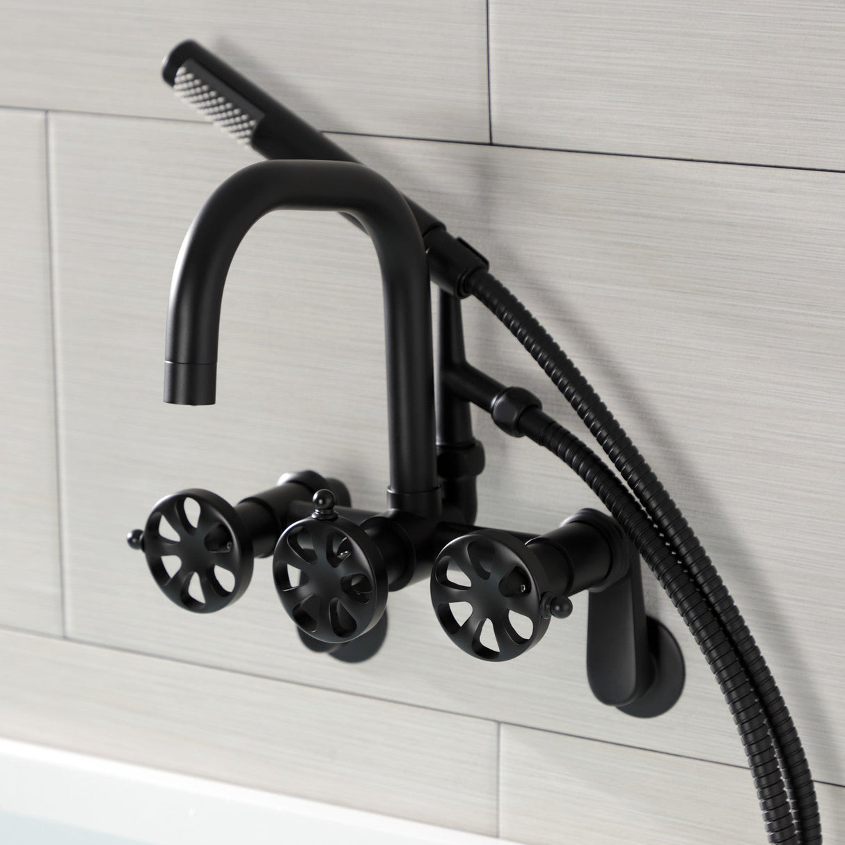 Belknap AE8450RX Three-Handle 2-Hole Wall Mount Clawfoot Tub Faucet with Hand Shower, Matte Black