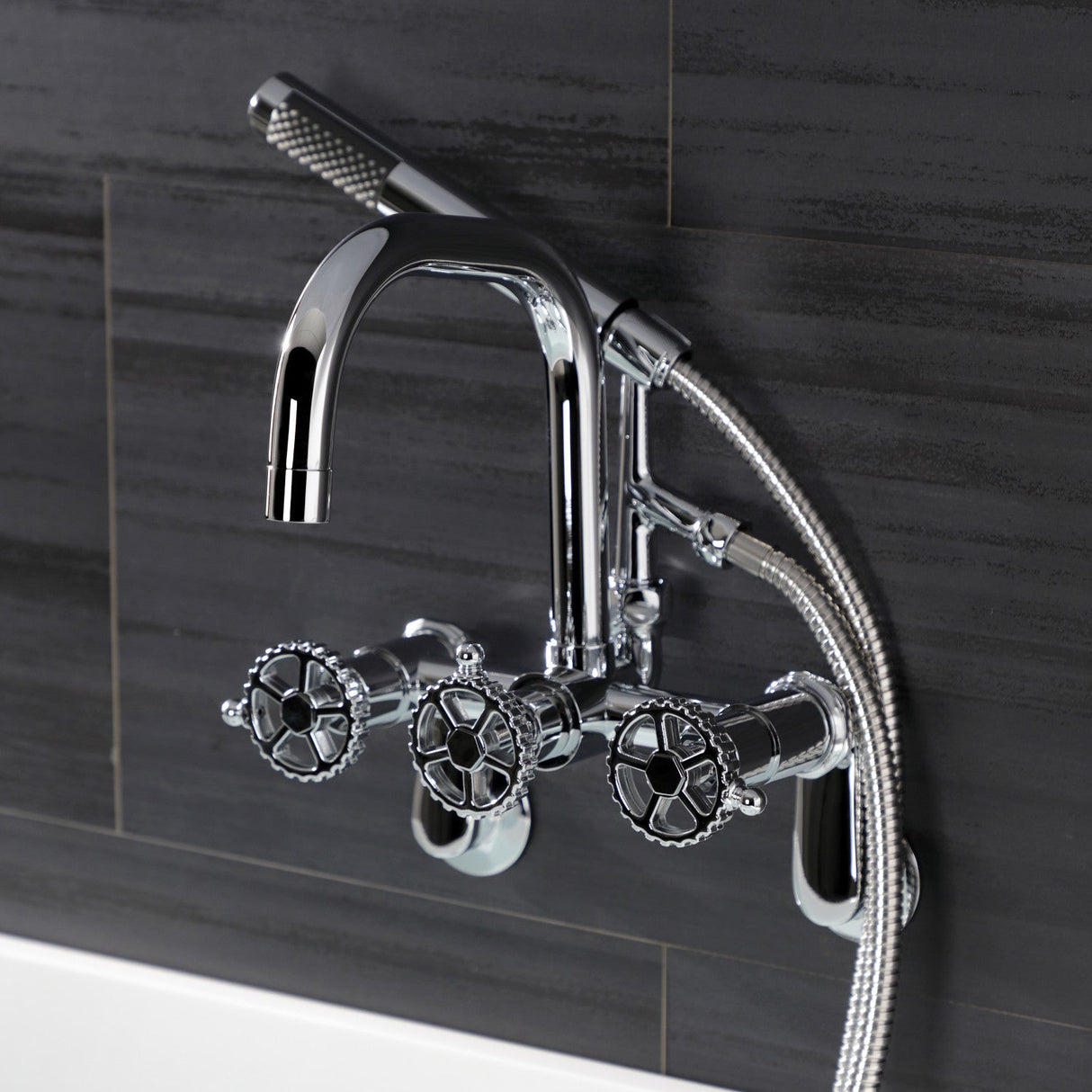 Fuller AE8451CG Three-Handle 2-Hole Wall Mount Clawfoot Tub Faucet with Hand Shower, Polished Chrome