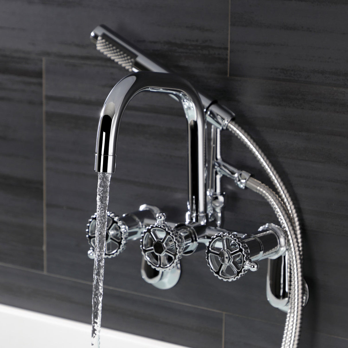 Fuller AE8451CG Three-Handle 2-Hole Wall Mount Clawfoot Tub Faucet with Hand Shower, Polished Chrome