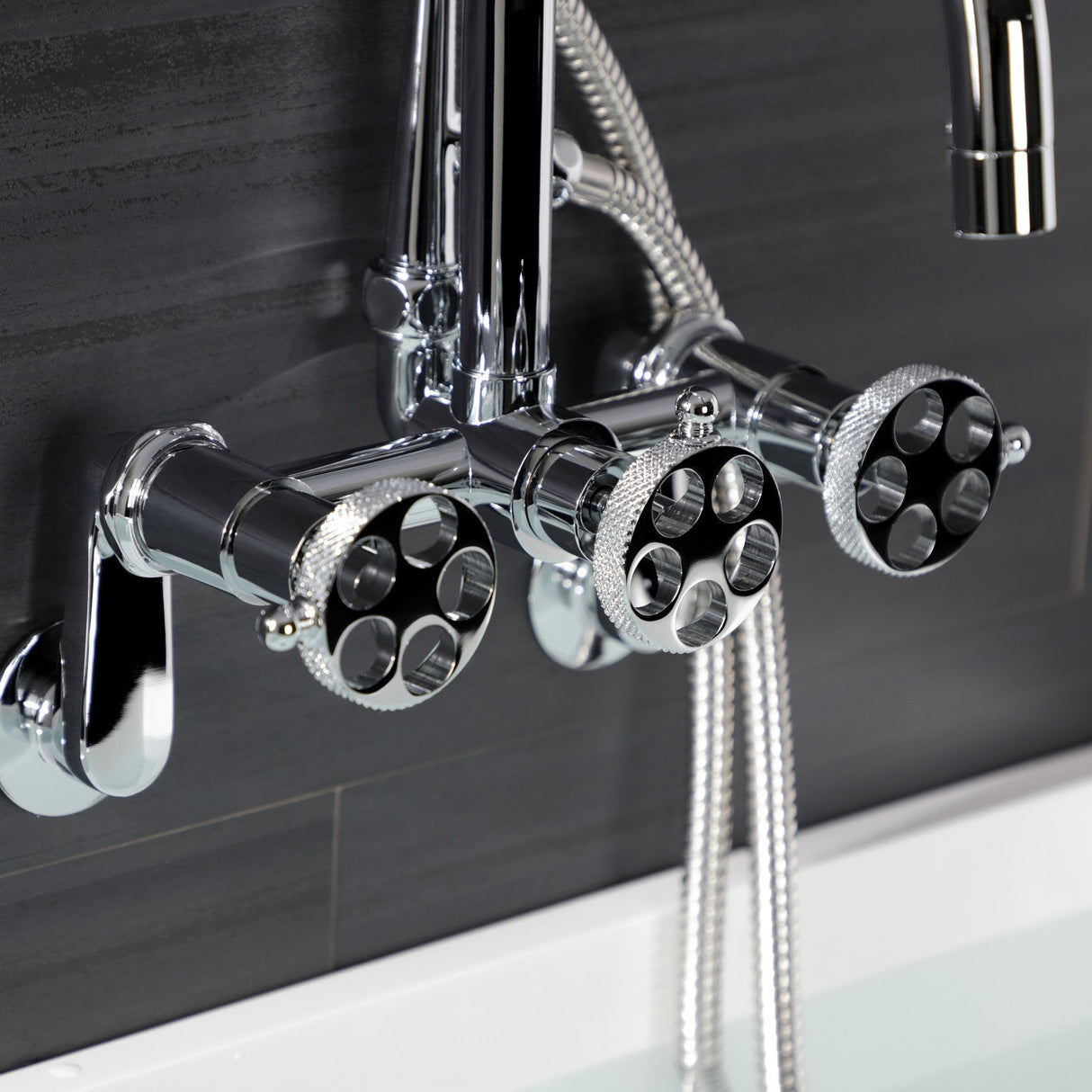 Webb AE8451RKX Three-Handle 2-Hole Adjustable Wall Mount Clawfoot Tub Faucet with Knurled Handle and Hand Shower, Polished Chrome