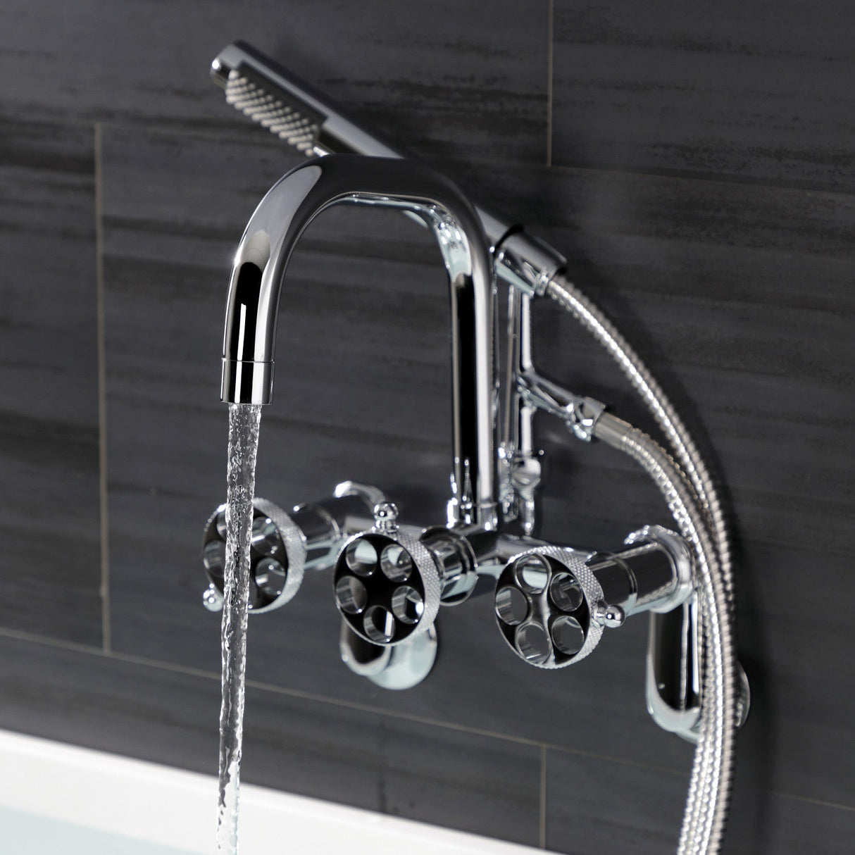 Webb AE8451RKX Three-Handle 2-Hole Adjustable Wall Mount Clawfoot Tub Faucet with Knurled Handle and Hand Shower, Polished Chrome