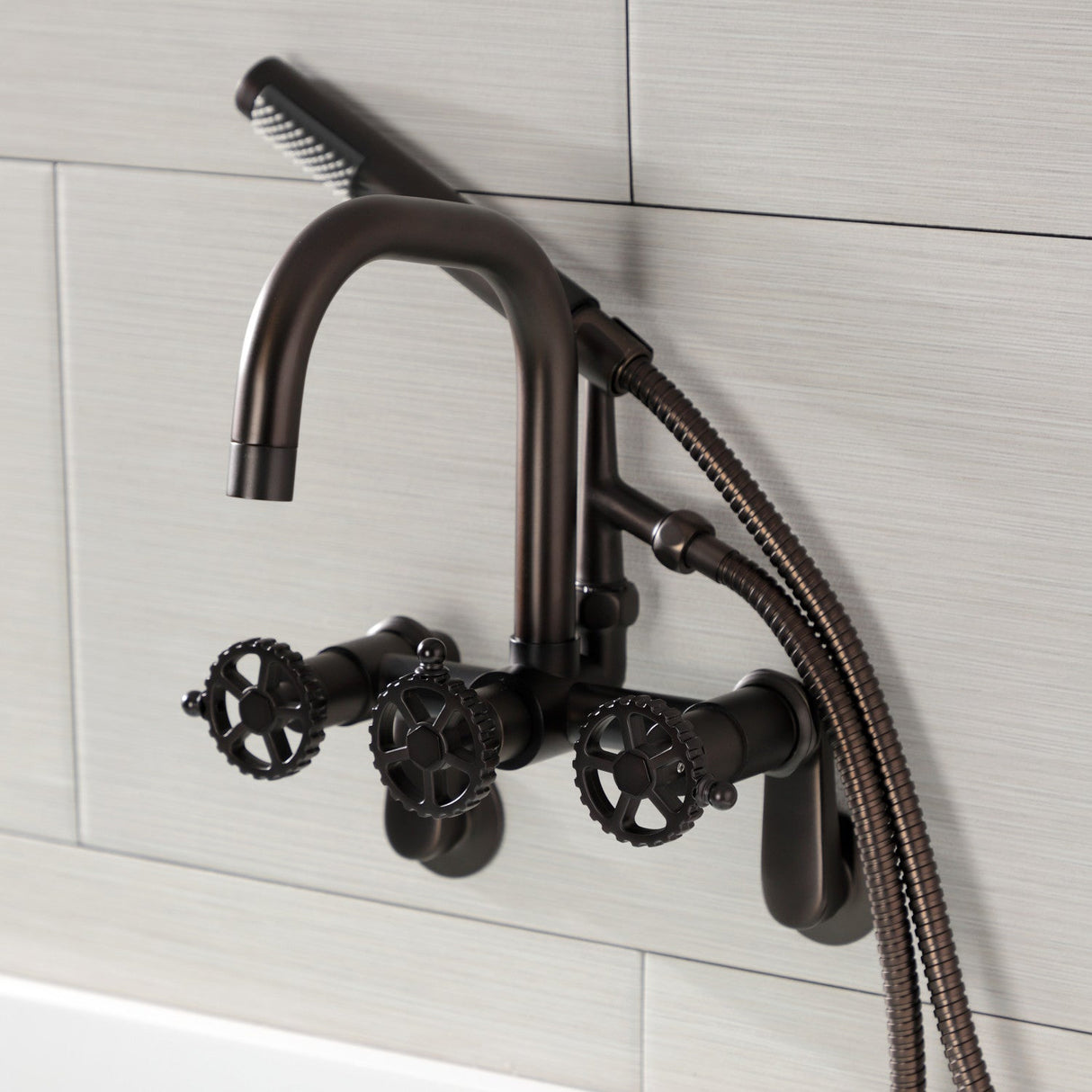 Fuller AE8455CG Three-Handle 2-Hole Wall Mount Clawfoot Tub Faucet with Hand Shower, Oil Rubbed Bronze