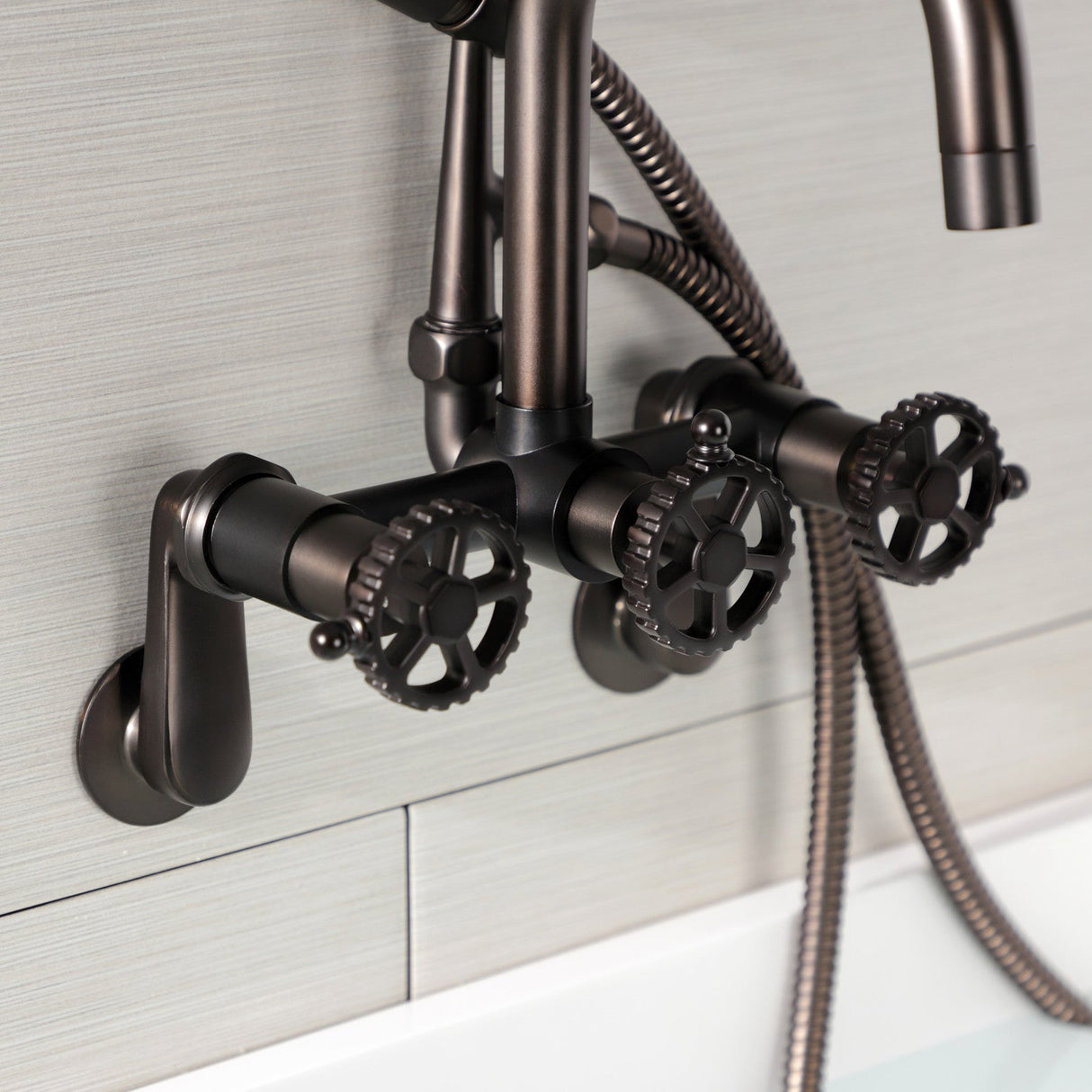 Fuller AE8455CG Three-Handle 2-Hole Wall Mount Clawfoot Tub Faucet with Hand Shower, Oil Rubbed Bronze
