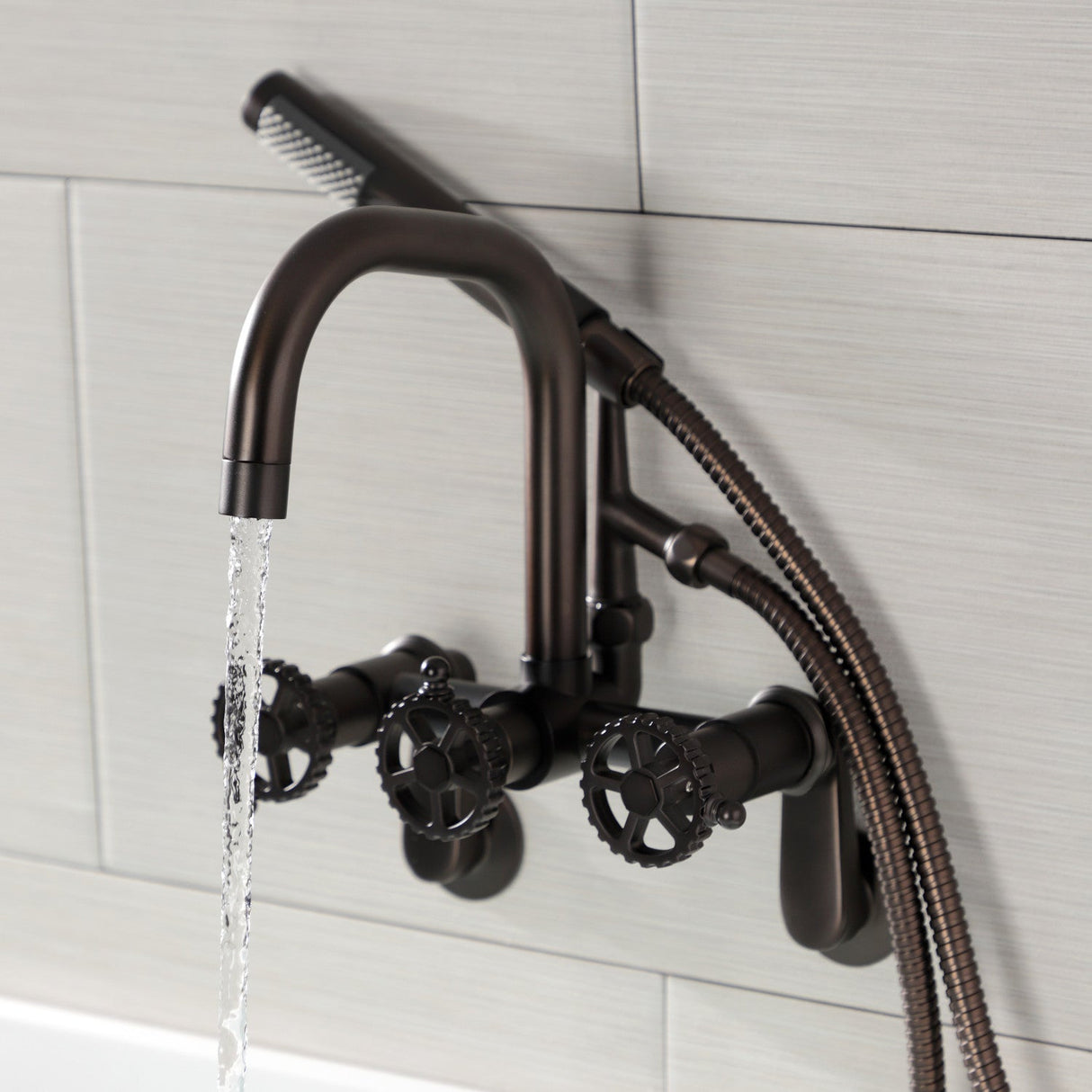 Fuller AE8455CG Three-Handle 2-Hole Wall Mount Clawfoot Tub Faucet with Hand Shower, Oil Rubbed Bronze