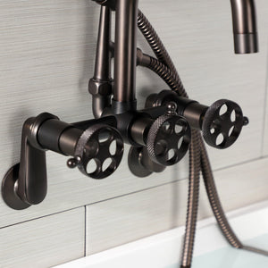 Webb AE8455RKX Three-Handle 2-Hole Adjustable Wall Mount Clawfoot Tub Faucet with Knurled Handle and Hand Shower, Oil Rubbed Bronze