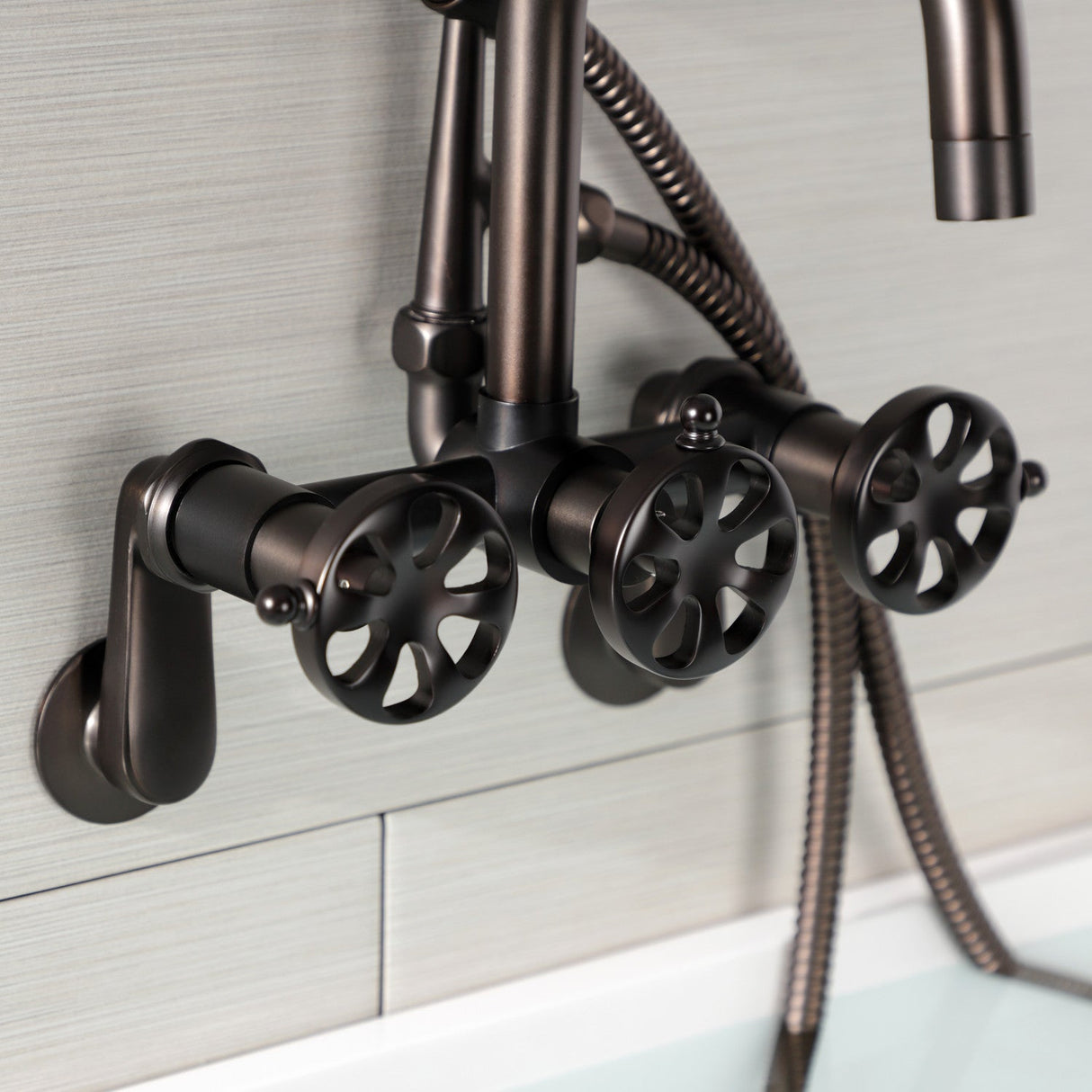 Belknap AE8455RX Three-Handle 2-Hole Wall Mount Clawfoot Tub Faucet with Hand Shower, Oil Rubbed Bronze