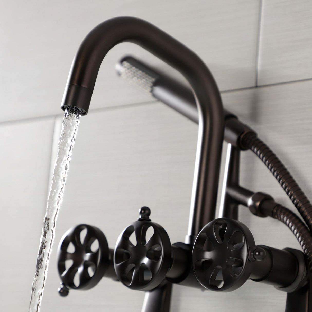 Belknap AE8455RX Three-Handle 2-Hole Wall Mount Clawfoot Tub Faucet with Hand Shower, Oil Rubbed Bronze