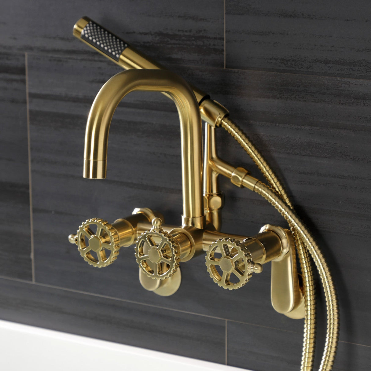 Fuller AE8457CG Three-Handle 2-Hole Wall Mount Clawfoot Tub Faucet with Hand Shower, Brushed Brass