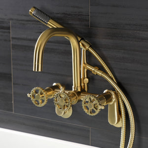 Fuller AE8457CG Three-Handle 2-Hole Wall Mount Clawfoot Tub Faucet with Hand Shower, Brushed Brass