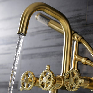Fuller AE8457CG Three-Handle 2-Hole Wall Mount Clawfoot Tub Faucet with Hand Shower, Brushed Brass