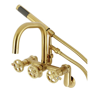 Fuller AE8457CG Three-Handle 2-Hole Wall Mount Clawfoot Tub Faucet with Hand Shower, Brushed Brass