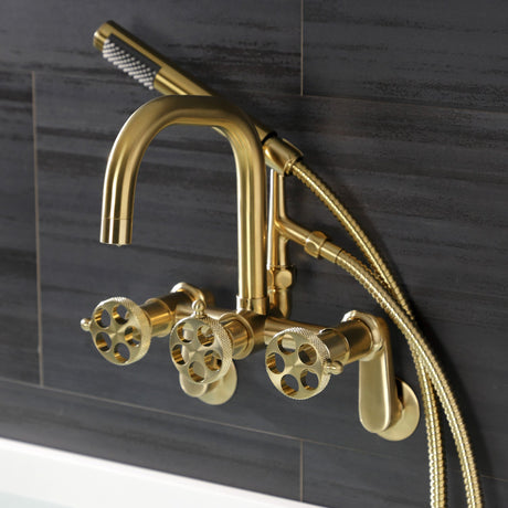 Webb AE8457RKX Three-Handle 2-Hole Adjustable Wall Mount Clawfoot Tub Faucet with Knurled Handle and Hand Shower, Brushed Brass