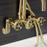 Webb AE8457RKX Three-Handle 2-Hole Adjustable Wall Mount Clawfoot Tub Faucet with Knurled Handle and Hand Shower, Brushed Brass