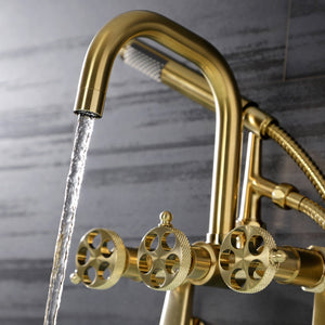 Webb AE8457RKX Three-Handle 2-Hole Adjustable Wall Mount Clawfoot Tub Faucet with Knurled Handle and Hand Shower, Brushed Brass