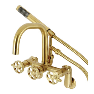 Webb AE8457RKX Three-Handle 2-Hole Adjustable Wall Mount Clawfoot Tub Faucet with Knurled Handle and Hand Shower, Brushed Brass