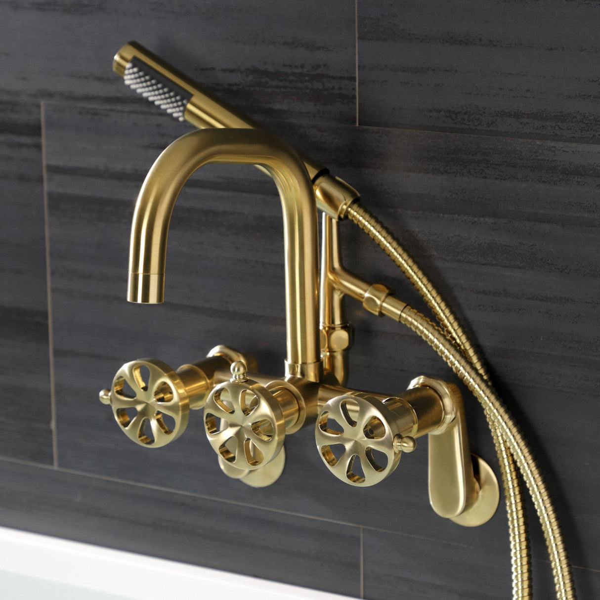 Belknap AE8457RX Three-Handle 2-Hole Wall Mount Clawfoot Tub Faucet with Hand Shower, Brushed Brass