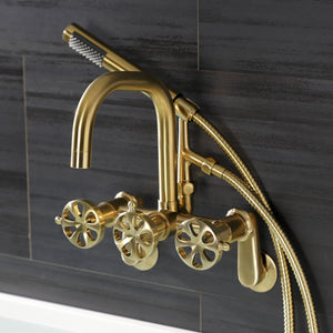Belknap AE8457RX Three-Handle 2-Hole Wall Mount Clawfoot Tub Faucet with Hand Shower, Brushed Brass