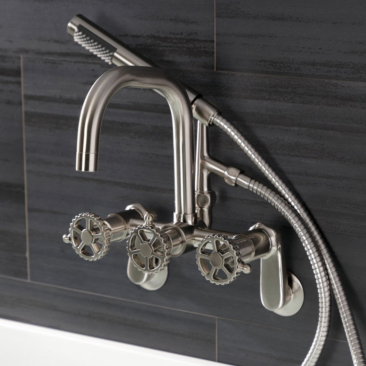 Fuller AE8458CG Three-Handle 2-Hole Wall Mount Clawfoot Tub Faucet with Hand Shower, Brushed Nickel
