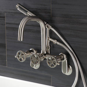 Fuller AE8458CG Three-Handle 2-Hole Wall Mount Clawfoot Tub Faucet with Hand Shower, Brushed Nickel