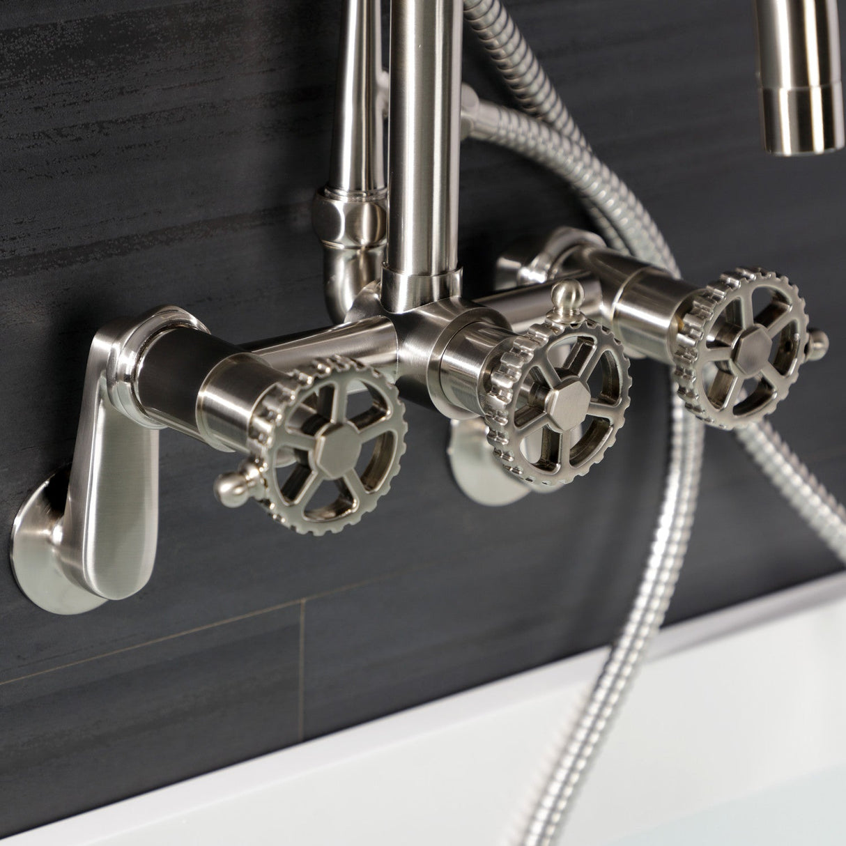 Fuller AE8458CG Three-Handle 2-Hole Wall Mount Clawfoot Tub Faucet with Hand Shower, Brushed Nickel