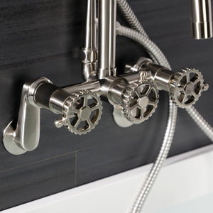 Fuller AE8458CG Three-Handle 2-Hole Wall Mount Clawfoot Tub Faucet with Hand Shower, Brushed Nickel