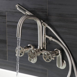 Fuller AE8458CG Three-Handle 2-Hole Wall Mount Clawfoot Tub Faucet with Hand Shower, Brushed Nickel