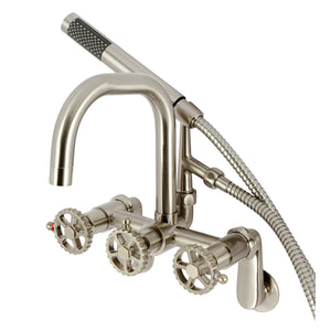 Fuller AE8458CG Three-Handle 2-Hole Wall Mount Clawfoot Tub Faucet with Hand Shower, Brushed Nickel
