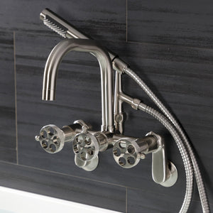 Webb AE8458RKX Three-Handle 2-Hole Adjustable Wall Mount Clawfoot Tub Faucet with Knurled Handle and Hand Shower, Brushed Nickel