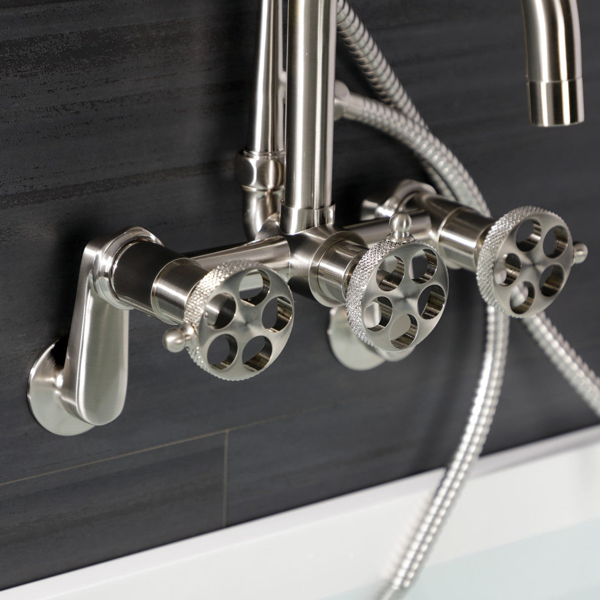 Webb AE8458RKX Three-Handle 2-Hole Adjustable Wall Mount Clawfoot Tub Faucet with Knurled Handle and Hand Shower, Brushed Nickel