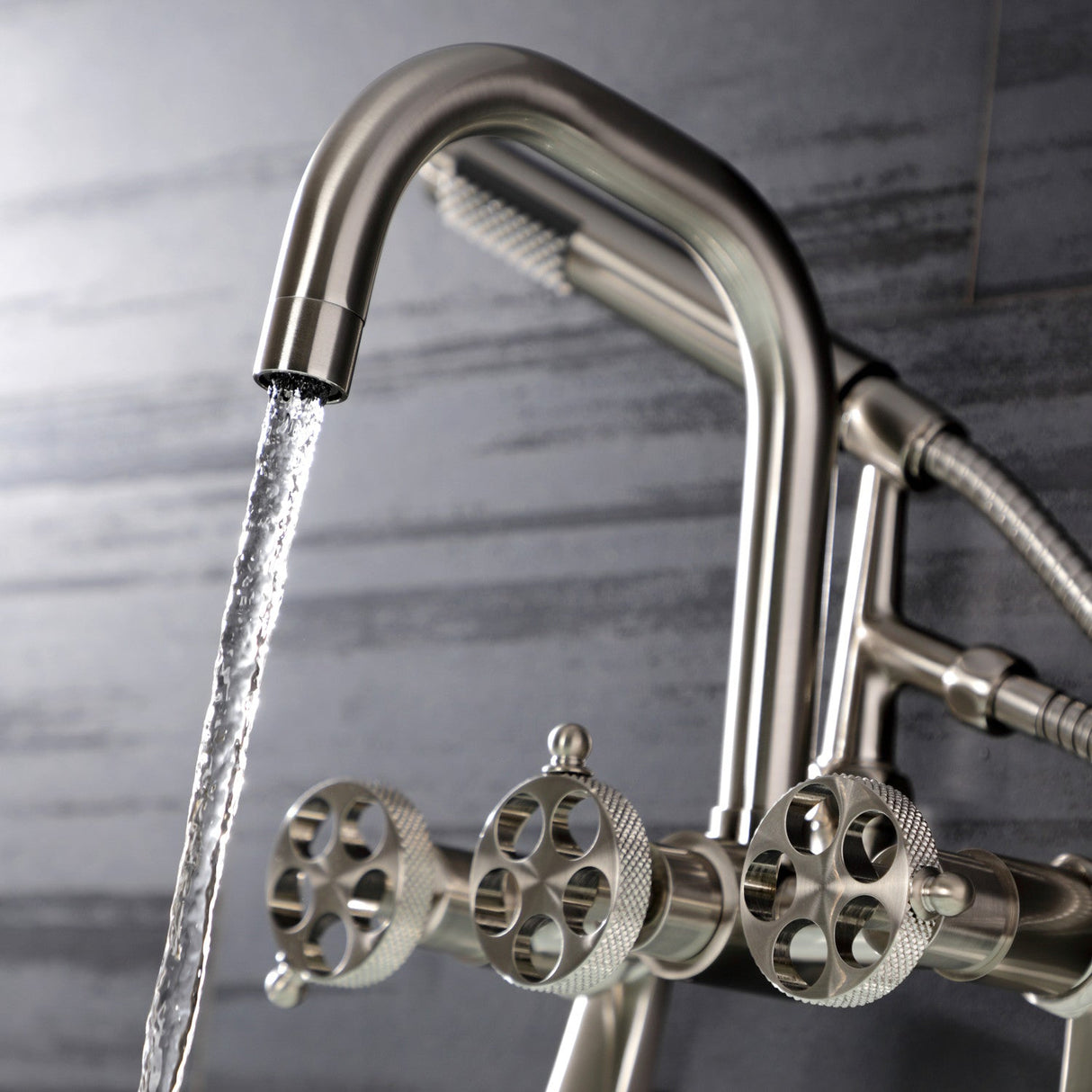 Webb AE8458RKX Three-Handle 2-Hole Adjustable Wall Mount Clawfoot Tub Faucet with Knurled Handle and Hand Shower, Brushed Nickel