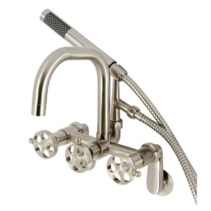 Webb AE8458RKX Three-Handle 2-Hole Adjustable Wall Mount Clawfoot Tub Faucet with Knurled Handle and Hand Shower, Brushed Nickel