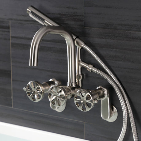 Belknap AE8458RX Three-Handle 2-Hole Wall Mount Clawfoot Tub Faucet with Hand Shower, Brushed Nickel