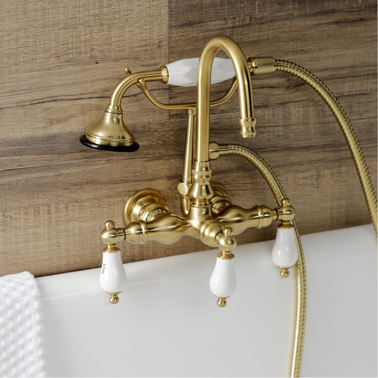 Aqua Vintage AE9T7 Three-Handle 2-Hole Tub Wall Mount Clawfoot Tub Faucet with Hand Shower, Brushed Brass