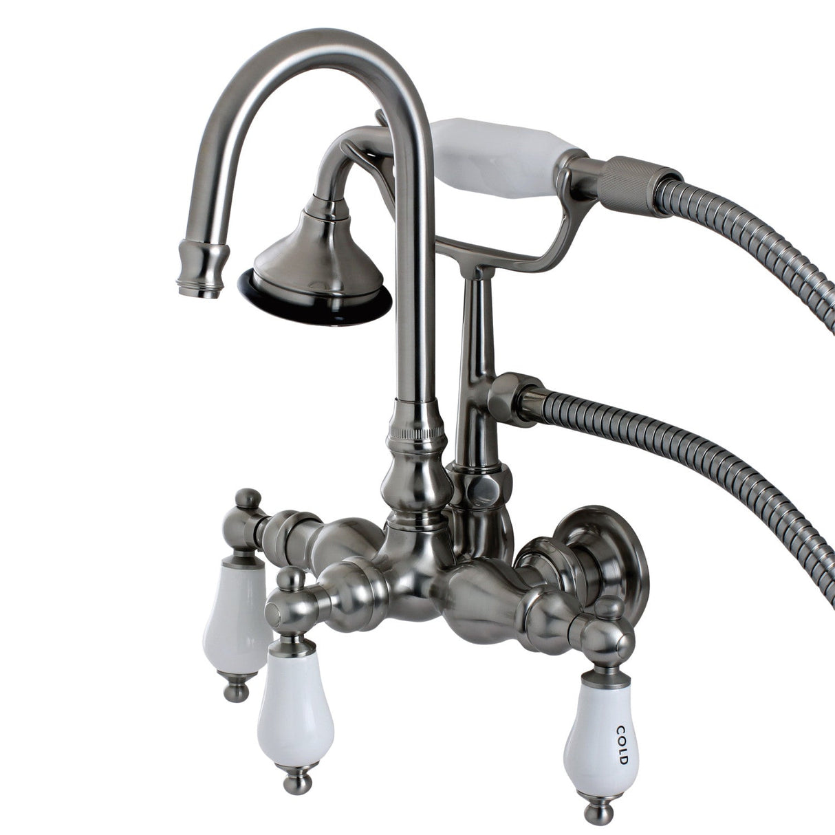 Aqua Vintage AE9T8 Three-Handle 2-Hole Tub Wall Mount Clawfoot Tub Faucet with Hand Shower, Brushed Nickel