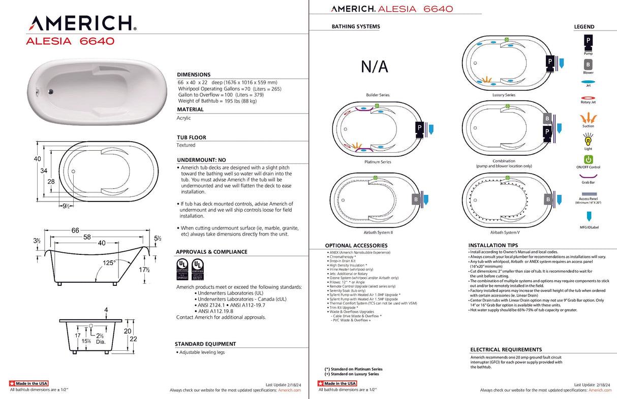 Americh AL6640TA2-BI Alesia 6640 - Tub Only / Airbath 2 - Biscuit