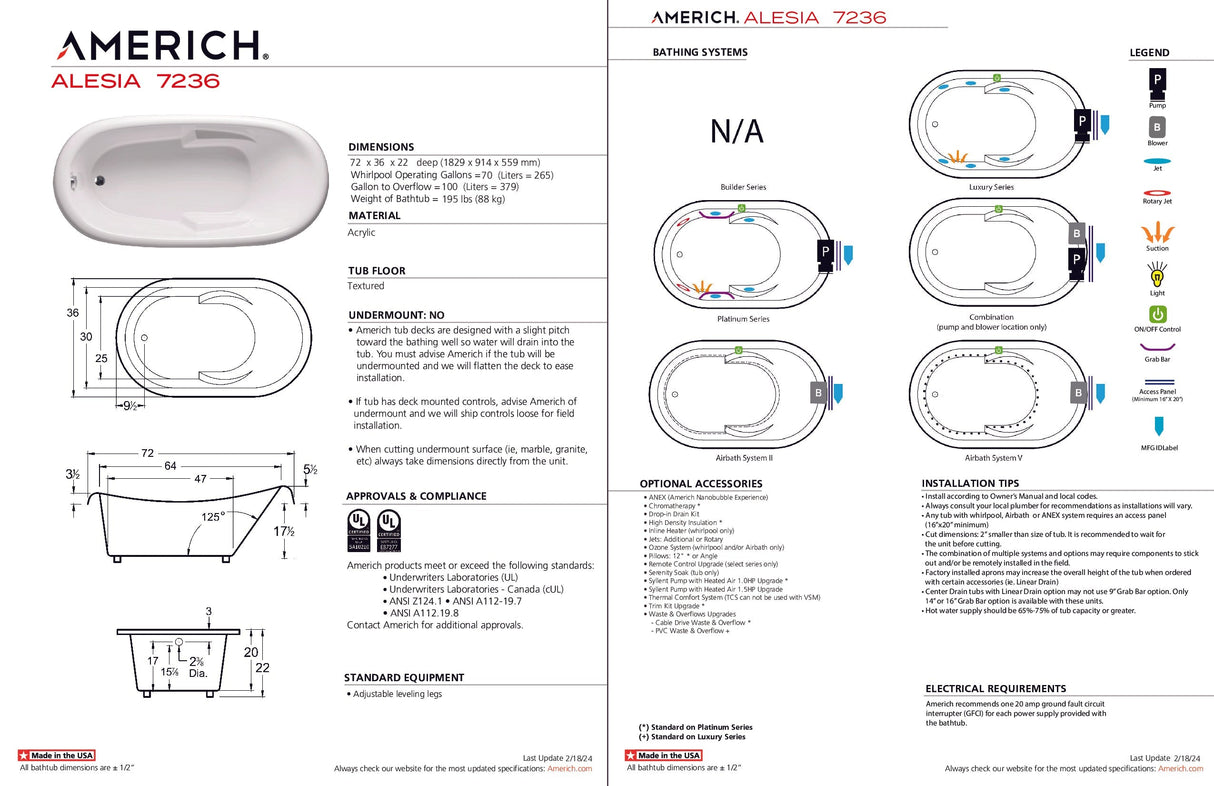 Americh AL7236TA2-BI Alesia 7236 - Tub Only / Airbath 2 - Biscuit