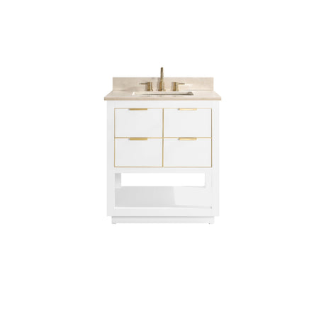 Avanity Allie 31 in. Vanity Combo in White with Gold Trim and Crema Marfil Marble Top