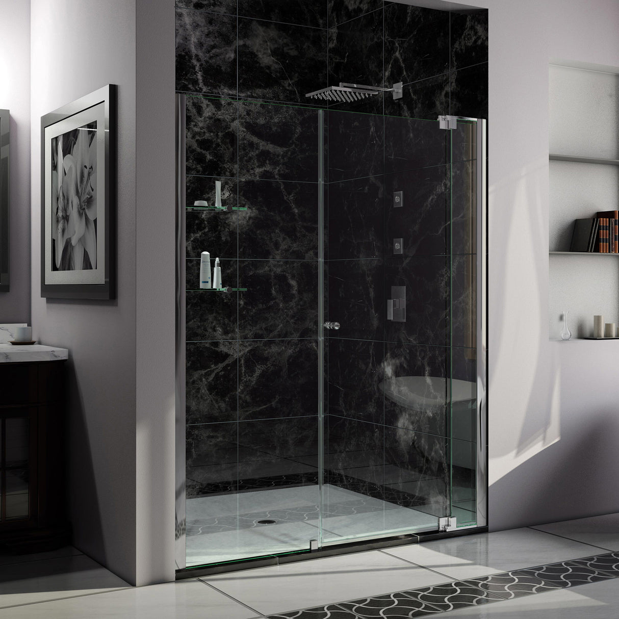 DreamLine Allure 66-67 in. W x 73 in. H Frameless Pivot Shower Door in Chrome