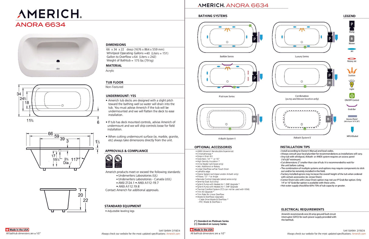 Americh AO6634TA2-BI Anora 6634 - Tub Only / Airbath 2 - Biscuit