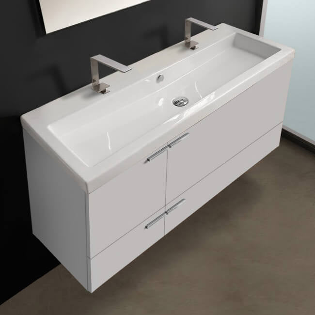 Double Bathroom Vanity, Wide, Floating, 48", Glossy White