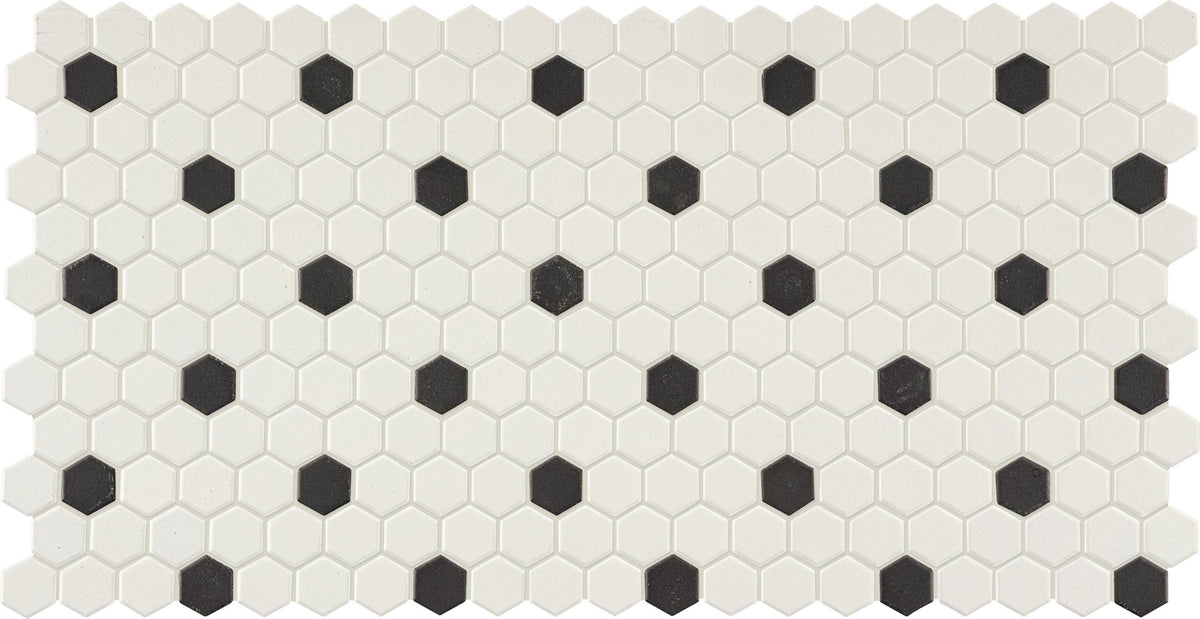 American Olean Unglazed Mosaics Ice White/Black Hexagon 1x1 Matte Mosaic Tile