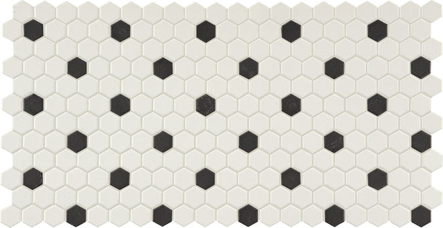 American Olean Unglazed Mosaics Ice White/Black Hexagon 1x1 Matte Mosaic Tile