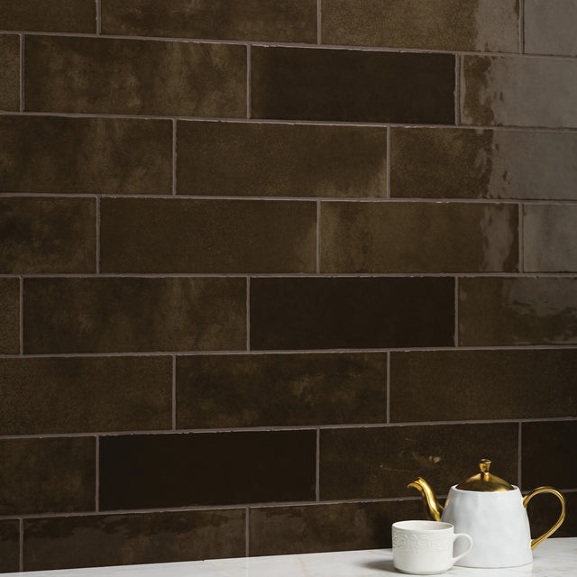American Olean Studio Haven Espresso Rectangle 4x12 Handcrafted Glossy Wall Tile