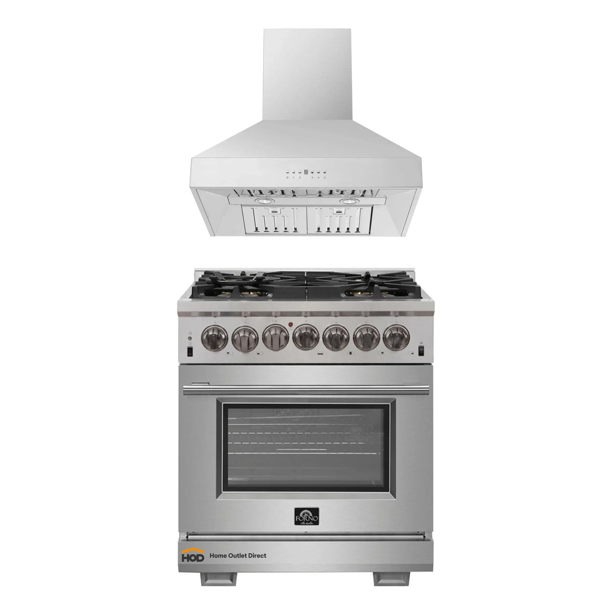 Forno 2-Piece Pro Appliance Package - 30-Inch Dual Fuel Range & Wall Mount Hood in Stainless Steel