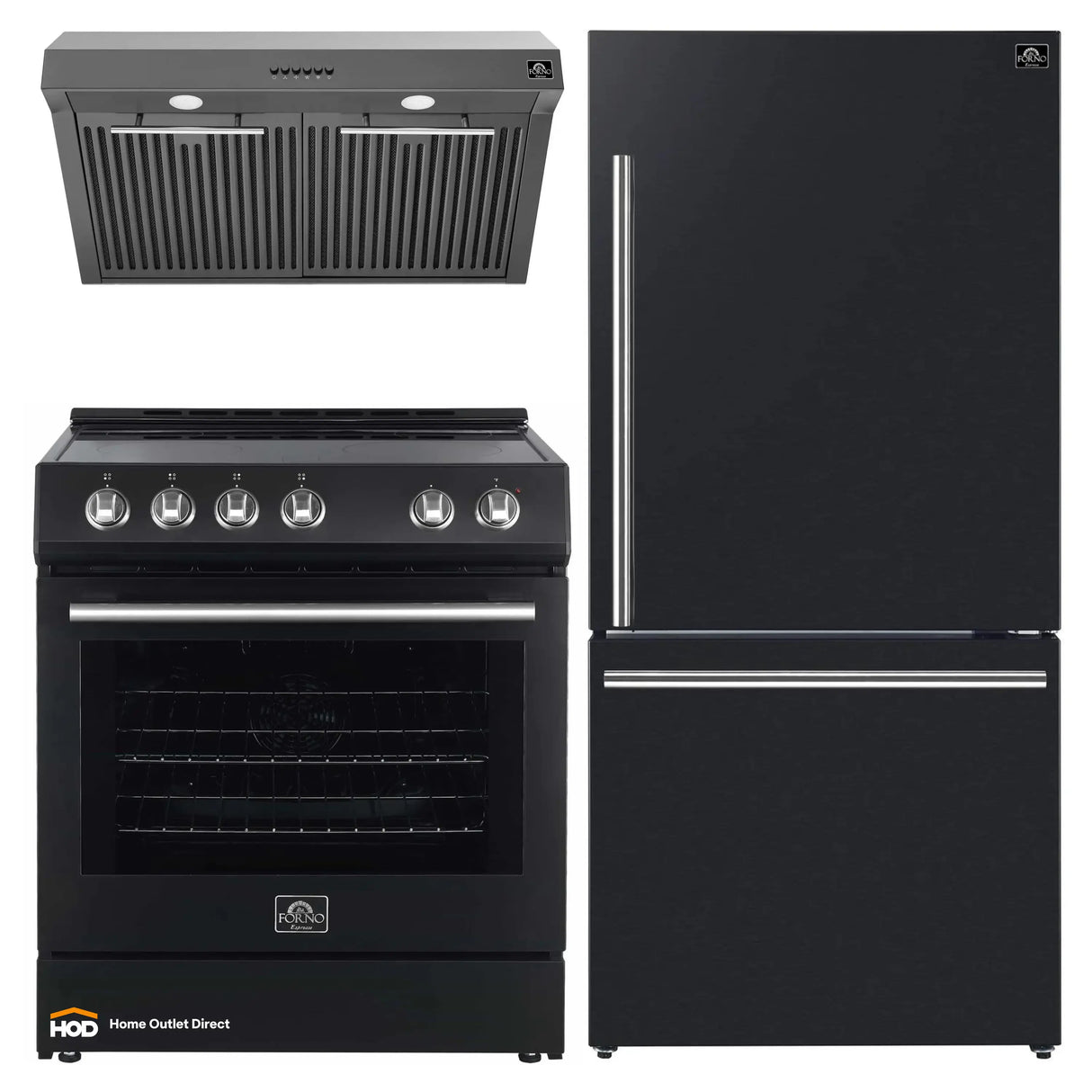 Forno Espresso 3-Piece Appliance Package - 30-Inch Electric Range with 5.0 Cu.Ft. Electric Oven, Refrigerator, and Under Cabinet Range Hood in Black with Stainless Steel Handle