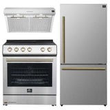 Forno Espresso 3-Piece Appliance Package - 30-Inch Electric Range with 5.0 Cu.Ft. Electric Oven, Refrigerator, and Under Cabinet Range Hood in Stainless Steel with Brass Handle
