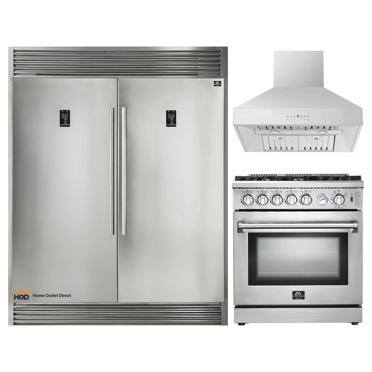 Forno 3-Piece Appliance Package - 30-Inch Gas Range, Pro-Style Refrigerator, and Wall Mount Hood in Stainless Steel