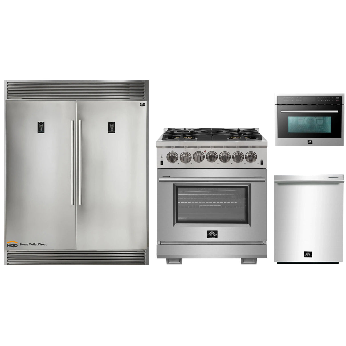 Forno 4-Piece Pro Appliance Package - 30-Inch Dual Fuel Range, 56-Inch Pro-Style Refrigerator, Microwave Oven, & 3-Rack Dishwasher in Stainless Steel