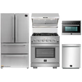 Forno 5-Piece Pro Appliance Package - 30-Inch Gas Range, 36-Inch Refrigerator Wall Mount Hood with Backsplash, Microwave Oven, & 3-Rack Dishwasher in Stainless Steel